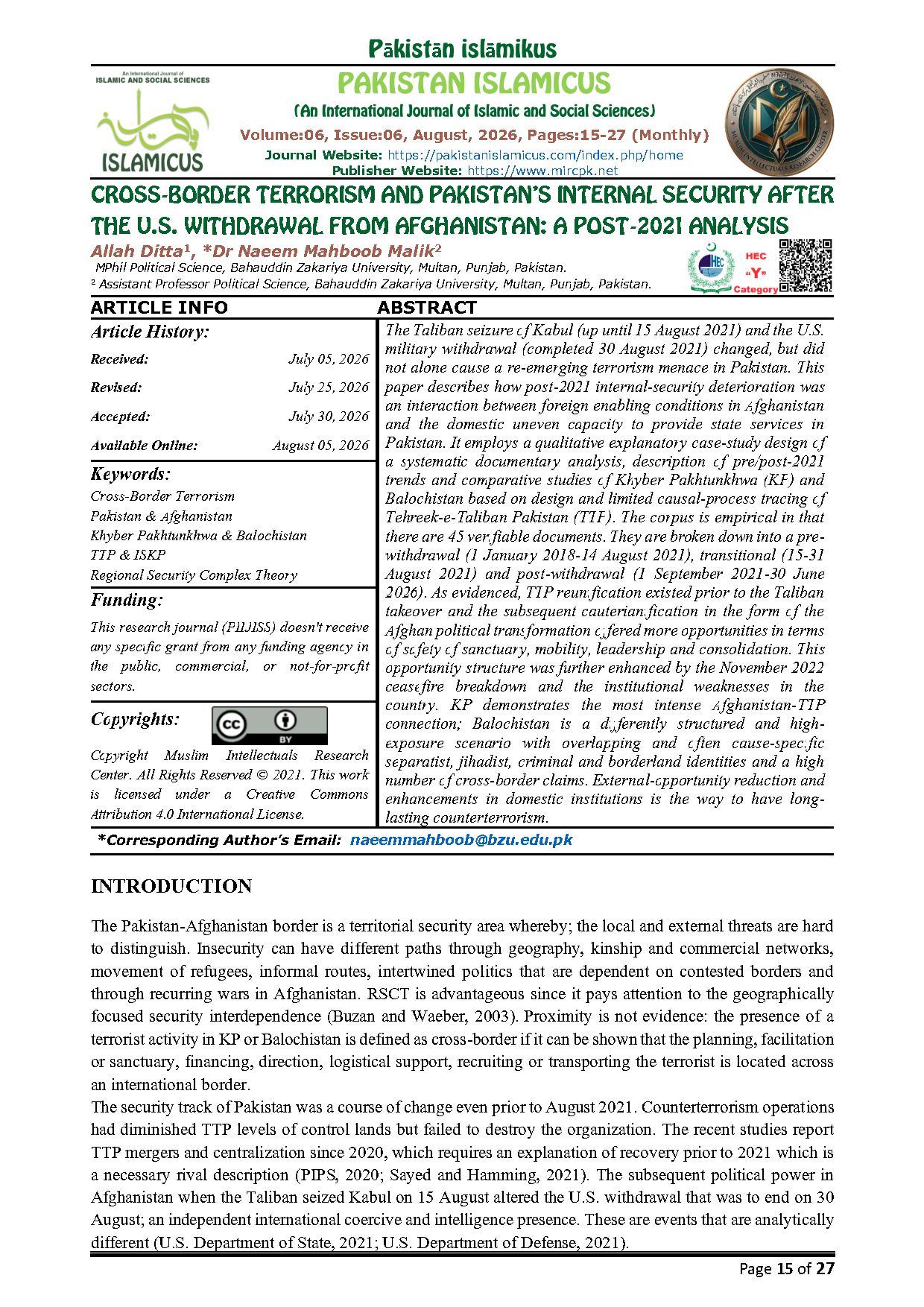 02 English Final Monthly August 2026 Vol 06 Issue 06 PIIJISS Citation Page